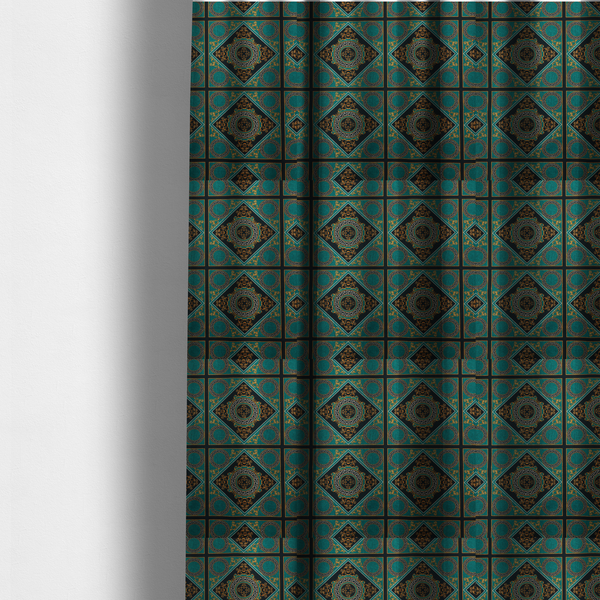 The fabric used to create these made-to-measure curtains is a teal and black fabric featuring a luxurious Baroque and Renaissance-inspired geometric pattern.