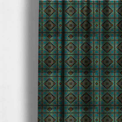 The fabric used to create these made-to-measure curtains is a teal and black fabric featuring a luxurious Baroque and Renaissance-inspired geometric pattern.