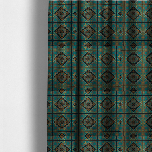 The fabric used to create these made-to-measure curtains is a teal and black fabric featuring a luxurious Baroque and Renaissance-inspired geometric pattern.