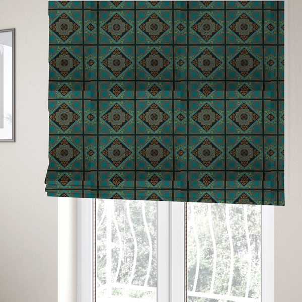The fabric used to create these Roman blinds is a  teal and black fabric featuring a luxurious Baroque and Renaissance-inspired geometric pattern.