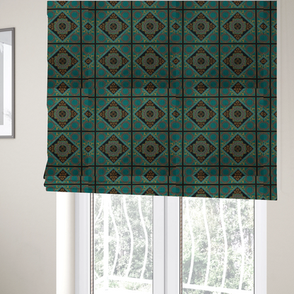 The fabric used to create these Roman blinds is a  teal and black fabric featuring a luxurious Baroque and Renaissance-inspired geometric pattern.
