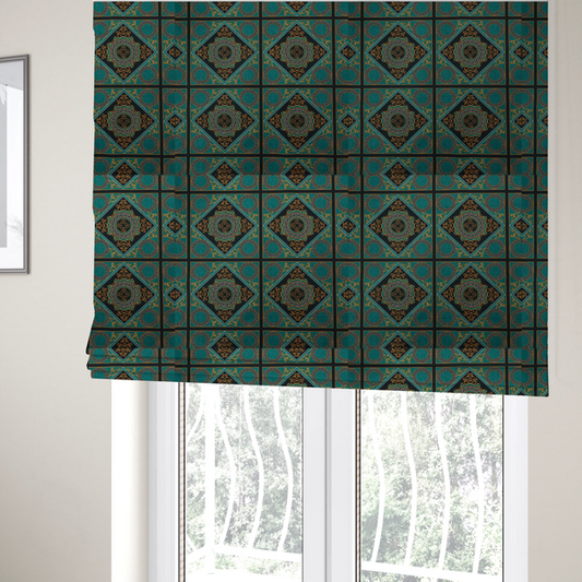 The fabric used to create these Roman blinds is a  teal and black fabric featuring a luxurious Baroque and Renaissance-inspired geometric pattern.
