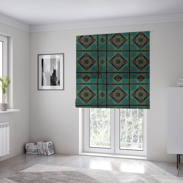 The fabric used to create these Roman blinds is a  teal and black fabric featuring a luxurious Baroque and Renaissance-inspired geometric pattern.