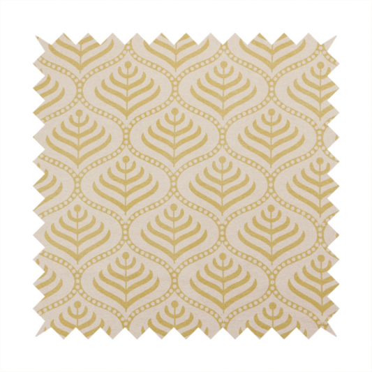 A decorative, vintage-inspired textile pattern characterized by repeating ogival ogee arches filled with stylized leaf or feather motifs and dotted framing lines, rendered in gold or mustard yellow on a light neutral background.