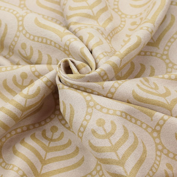 A decorative, vintage-inspired textile pattern characterized by repeating ogival ogee arches filled with stylized leaf or feather motifs and dotted framing lines, rendered in gold or mustard yellow on a light neutral background.