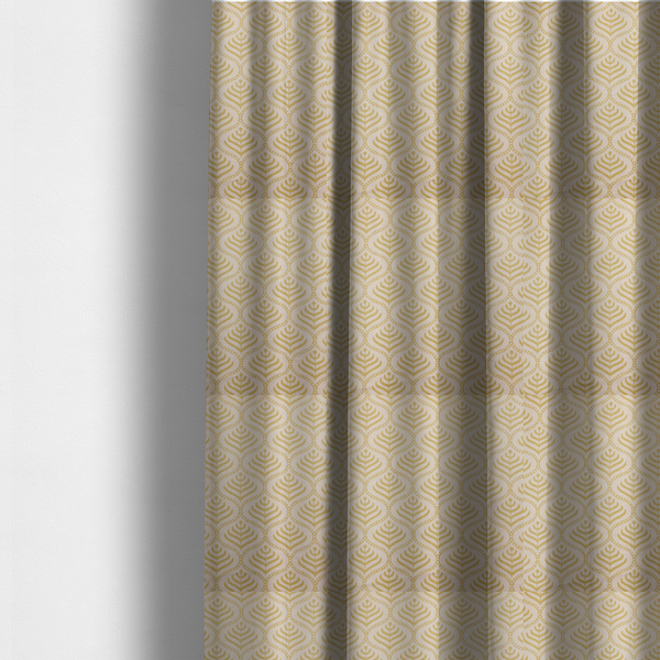 The fabric used to create these made-to-measure curtains is a decorative, vintage-inspired textile pattern characterized by repeating ogival ogee arches filled with stylized leaf or feather motifs and dotted framing lines, rendered in gold or mustard yellow on a light neutral background.