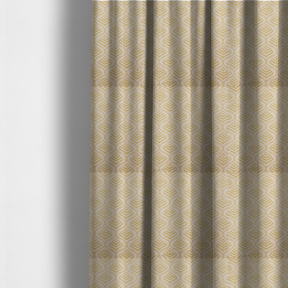 The fabric used to create these made-to-measure curtains is a decorative, vintage-inspired textile pattern characterized by repeating ogival ogee arches filled with stylized leaf or feather motifs and dotted framing lines, rendered in gold or mustard yellow on a light neutral background.
