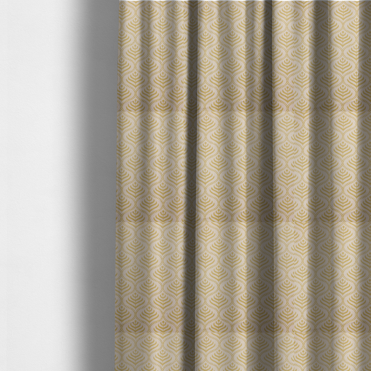 The fabric used to create these made-to-measure curtains is a decorative, vintage-inspired textile pattern characterized by repeating ogival ogee arches filled with stylized leaf or feather motifs and dotted framing lines, rendered in gold or mustard yellow on a light neutral background.