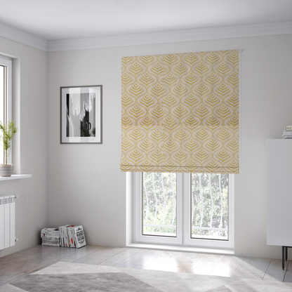 The fabric used to create these Roman blinds is a decorative, vintage-inspired textile pattern characterized by repeating ogival ogee arches filled with stylized leaf or feather motifs and dotted framing lines, rendered in gold or mustard yellow on a light neutral background.