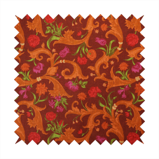 A repeating pattern of ornate, golden-orange baroque scrolls and acanthus leaves intermixed with detailed botanical elements including red roses, magenta tulips, and green foliage, all set against a deep crimson red background.