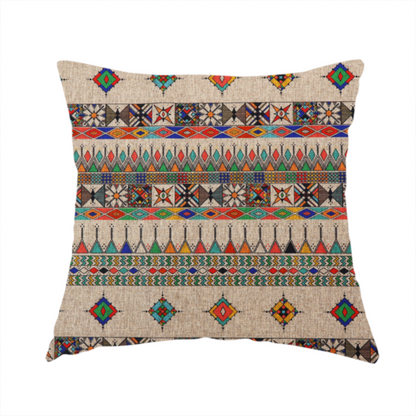 the fabric used to create this handmade cushion is a multi-coloured ethnic geometric fabric with repeating rows of colourful tribal diamonds, zigzags, and striped borders set against a light neutral background.