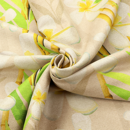 A tropical botanical fabric pattern with white plumeria blossoms featuring yellow centres, paired with green leaves and yellow bamboo stalks, set against a light beige background.