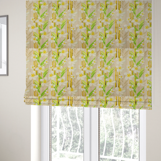 The fabric used to create these Roman blinds is a tropical botanical fabric pattern with white plumeria blossoms featuring yellow centres, paired with green leaves and yellow bamboo stalks, set against a light beige background.