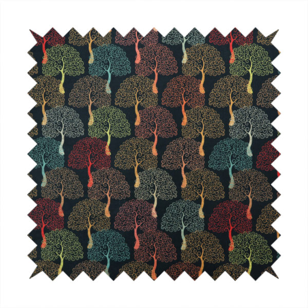 A colourful, intricately patterned tree crowns in shades of red, teal, gold, and green on a dark background.