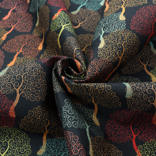 A colourful, intricately patterned tree crowns in shades of red, teal, gold, and green on a dark background.