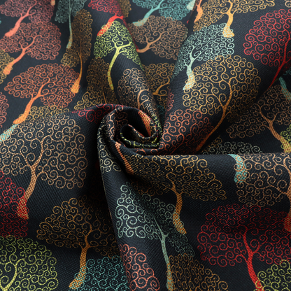 A colourful, intricately patterned tree crowns in shades of red, teal, gold, and green on a dark background.