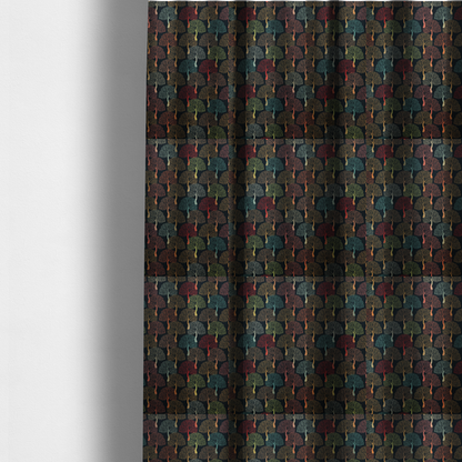 The fabric used to create these made-to-measure curtains is a colourful, intricately patterned tree crowns in shades of red, teal, gold, and green on a dark background.