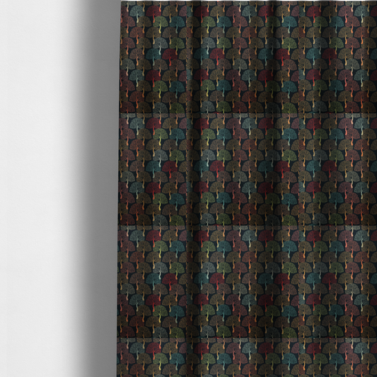 The fabric used to create these made-to-measure curtains is a colourful, intricately patterned tree crowns in shades of red, teal, gold, and green on a dark background.
