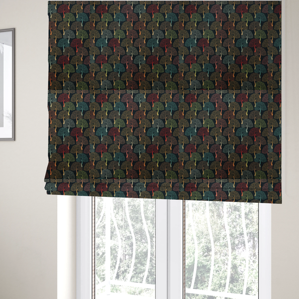 The fabric used to create these Roman blinds is a colourful, intricately patterned tree crowns in shades of red, teal, gold, and green on a dark background.