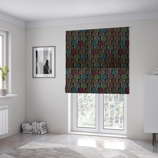 The fabric used to create these Roman blinds is a colourful, intricately patterned tree crowns in shades of red, teal, gold, and green on a dark background.