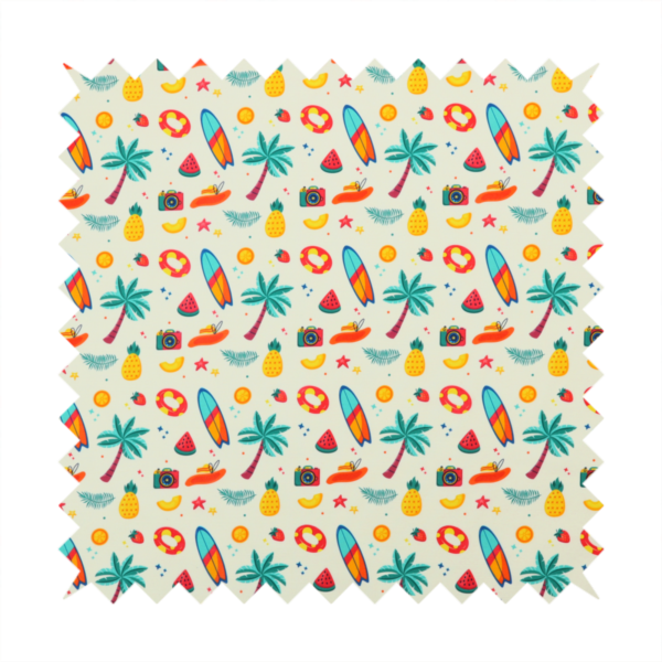 A playful summer pattern of surfboards, palm trees, pineapples, and cameras on a light background.