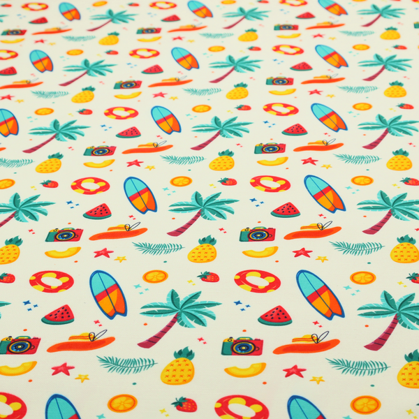 A playful summer pattern of surfboards, palm trees, pineapples, and cameras on a light background.