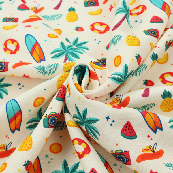 A playful summer pattern of surfboards, palm trees, pineapples, and cameras on a light background.