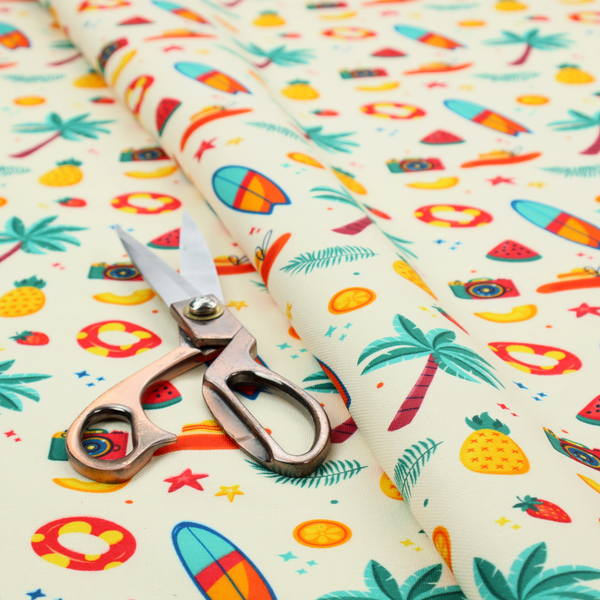 A playful summer pattern of surfboards, palm trees, pineapples, and cameras on a light background.