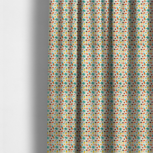 The fabric used to create these made-to-measure curtains is a playful summer pattern of surfboards, palm trees, pineapples, and cameras on a light background.
