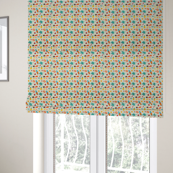 The fabric used to create these Roman blinds is a playful summer pattern of surfboards, palm trees, pineapples, and cameras on a light background.