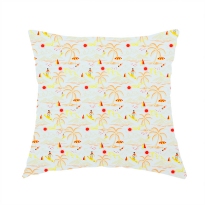 The fabric used to create this handmade cushion is a retro beach scene with surfers, palm trees, beach umbrellas, and sailboats on a light blue background.