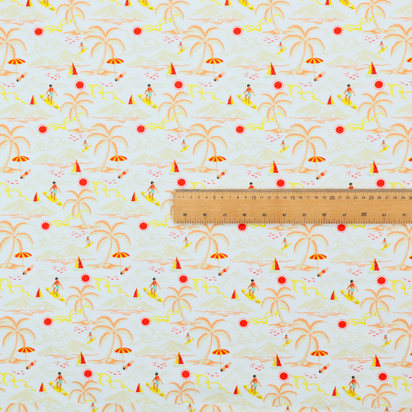 A retro beach scene with surfers, palm trees, beach umbrellas, and sailboats on a light blue background.