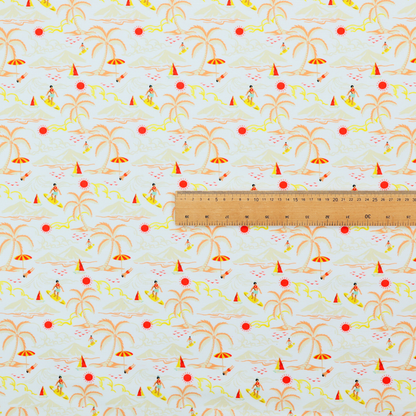 A retro beach scene with surfers, palm trees, beach umbrellas, and sailboats on a light blue background.