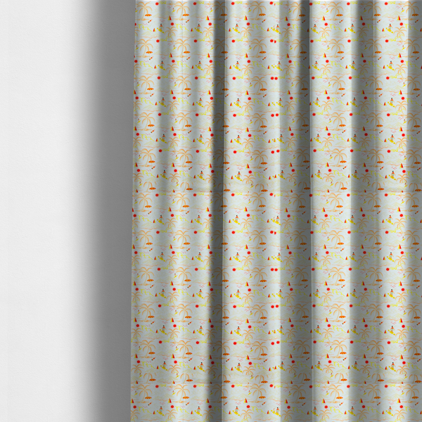 The fabric used to create these made-to-measure curtains is a retro beach scene with surfers, palm trees, beach umbrellas, and sailboats on a light blue background.