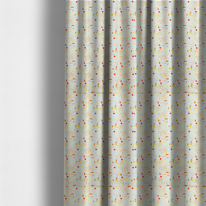 The fabric used to create these made-to-measure curtains is a retro beach scene with surfers, palm trees, beach umbrellas, and sailboats on a light blue background.