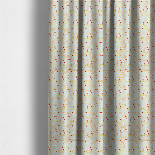The fabric used to create these made-to-measure curtains is a retro beach scene with surfers, palm trees, beach umbrellas, and sailboats on a light blue background.