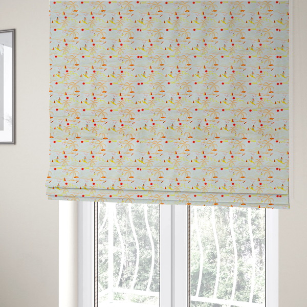 The fabric used to create these Roman blinds is a retro beach scene with surfers, palm trees, beach umbrellas, and sailboats on a light blue background.