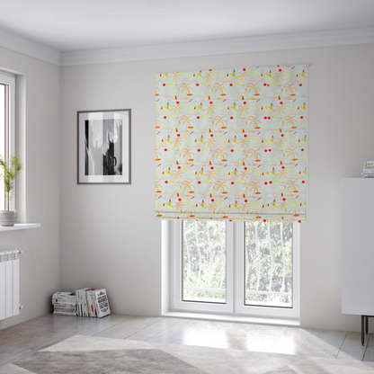 The fabric used to create these Roman blinds is a retro beach scene with surfers, palm trees, beach umbrellas, and sailboats on a light blue background.