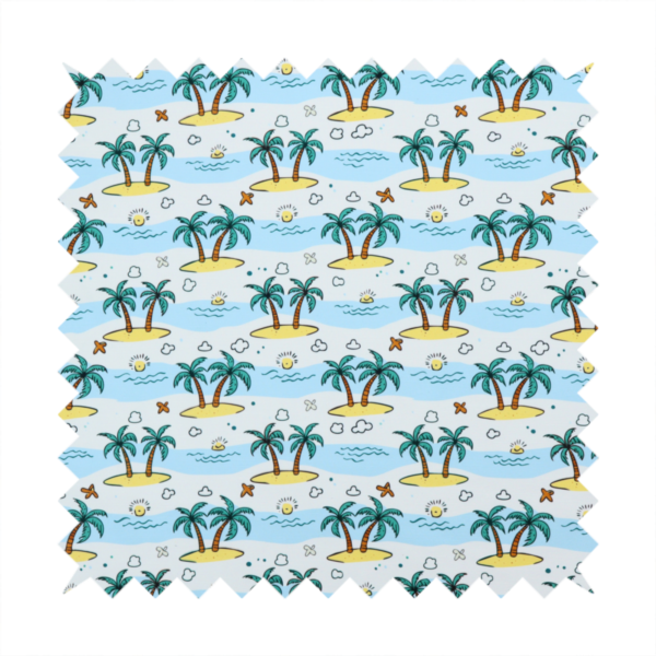 A repeating pattern of cartoon tropical islands with palm trees, blue ocean waves, clouds, and suns on a light blue background.