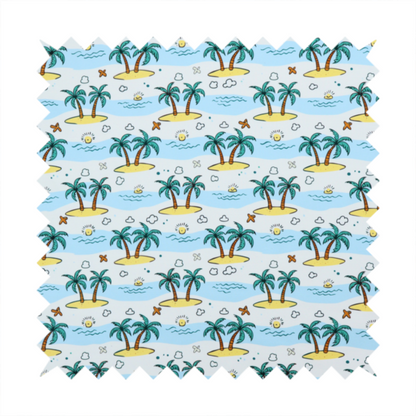 A repeating pattern of cartoon tropical islands with palm trees, blue ocean waves, clouds, and suns on a light blue background.