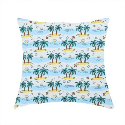 The fabric used to create this handmade cushion is a repeating pattern of cartoon tropical islands with palm trees, blue ocean waves, clouds, and suns on a light blue background.