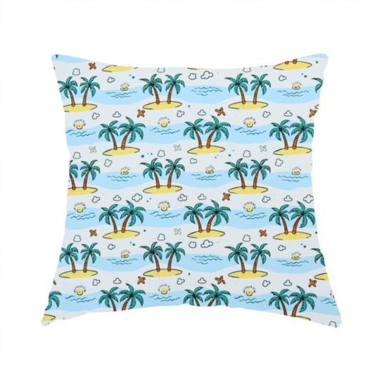 The fabric used to create this handmade cushion is a repeating pattern of cartoon tropical islands with palm trees, blue ocean waves, clouds, and suns on a light blue background.