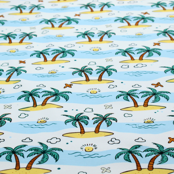 repeating pattern of cartoon tropical islands with palm trees, blue ocean waves, clouds, and suns on a light blue background.