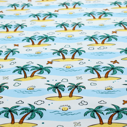 repeating pattern of cartoon tropical islands with palm trees, blue ocean waves, clouds, and suns on a light blue background.
