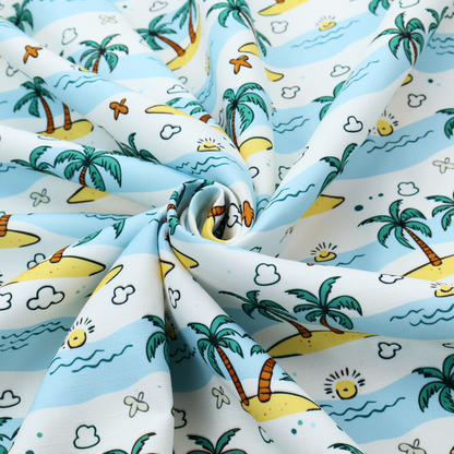 repeating pattern of cartoon tropical islands with palm trees, blue ocean waves, clouds, and suns on a light blue background.