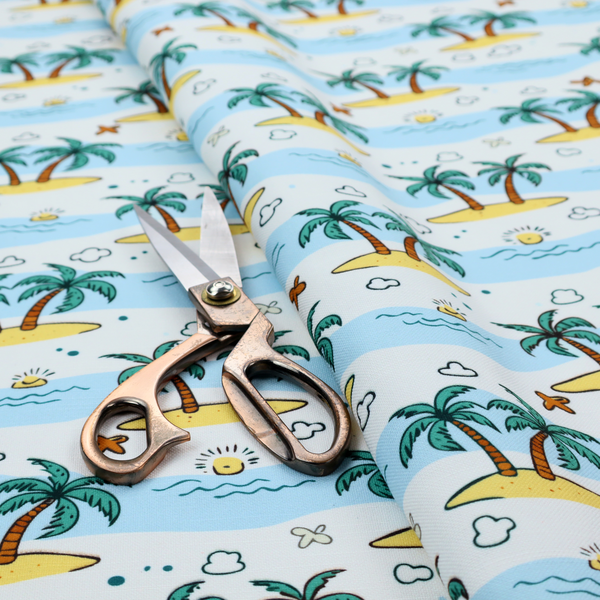 repeating pattern of cartoon tropical islands with palm trees, blue ocean waves, clouds, and suns on a light blue background.