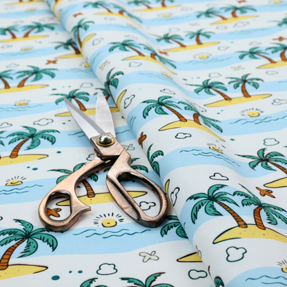 repeating pattern of cartoon tropical islands with palm trees, blue ocean waves, clouds, and suns on a light blue background.