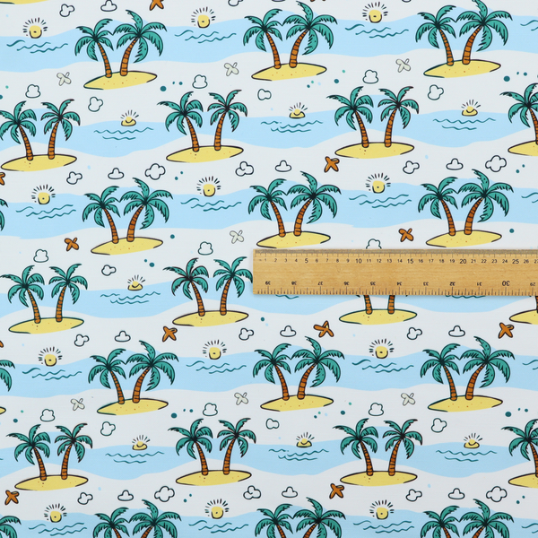 repeating pattern of cartoon tropical islands with palm trees, blue ocean waves, clouds, and suns on a light blue background.