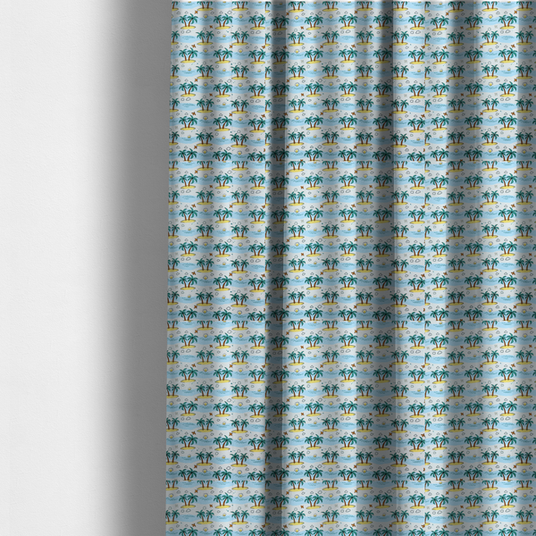 The fabric used to create these made-to-measure curtains is a repeating pattern of cartoon tropical islands with palm trees, blue ocean waves, clouds, and suns on a light blue background.