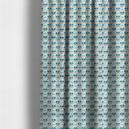 The fabric used to create these made-to-measure curtains is a repeating pattern of cartoon tropical islands with palm trees, blue ocean waves, clouds, and suns on a light blue background.